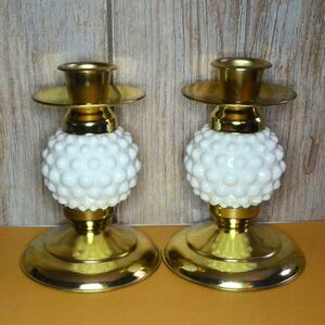 Pair Of Brass Candleholders With Hobnail Milk Glass For Tapers Room Accents
